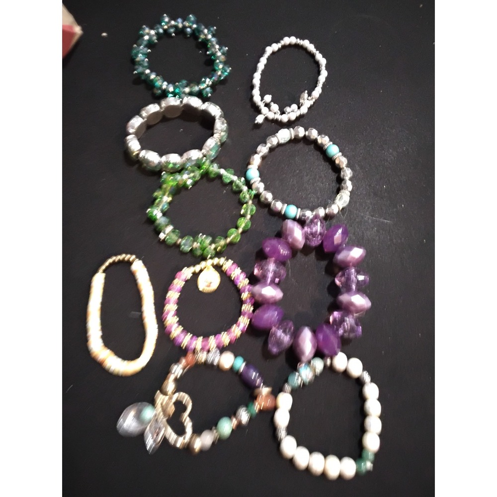 Mixed Lot 10 Stretch Beaded‎ Bracelets Crystal Pearl Boho Charm Stackable (47)